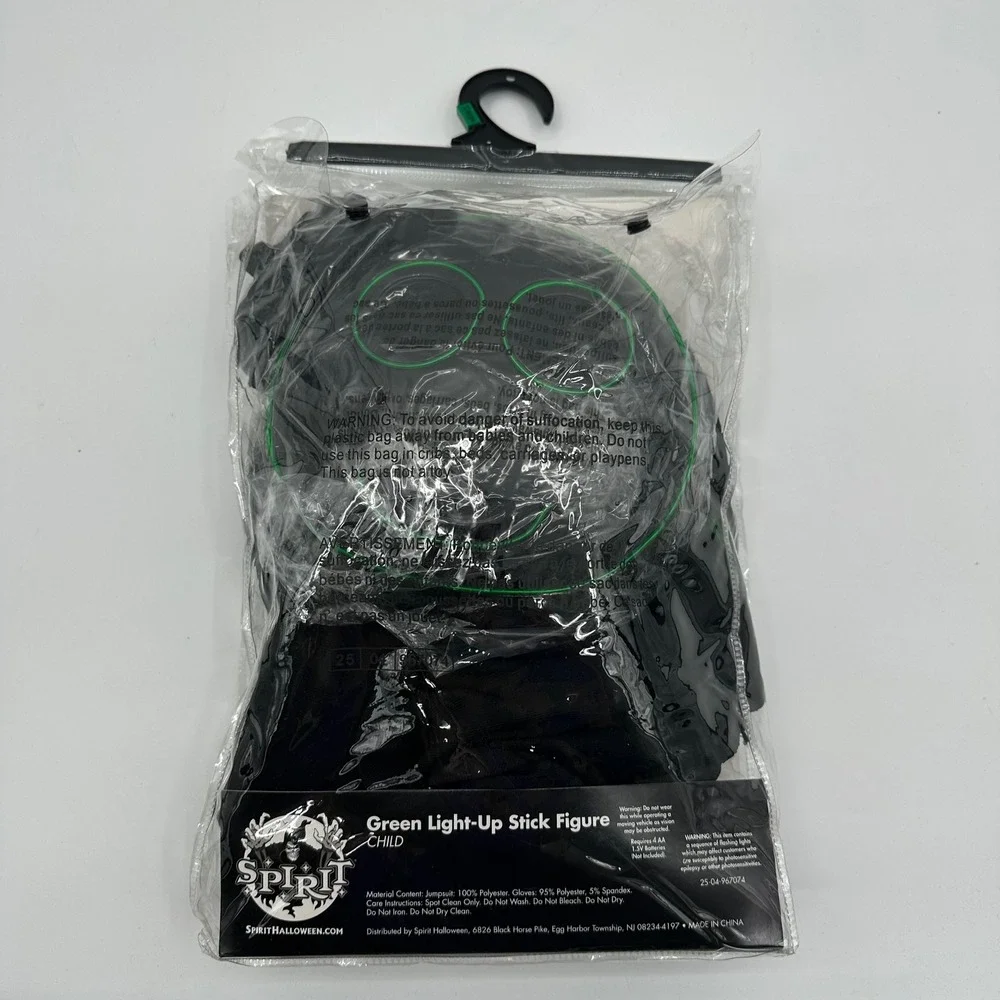 Spirit Halloween Green Light-Up Stick Figure Costume Kids Large 12-14 Jumpsuit